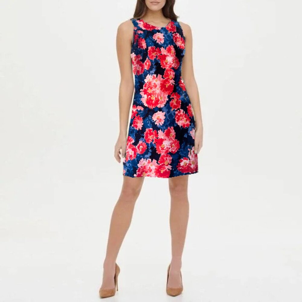 Tommy Hilfiger navy floral scuba sheath dress! Size 12 Navy blue red pink